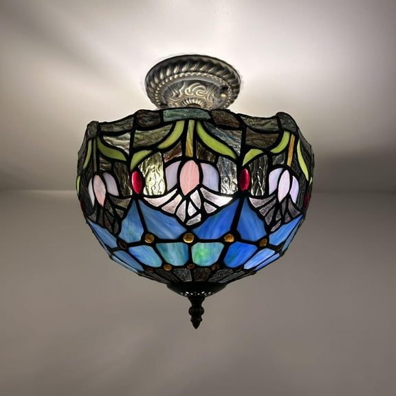 Tiffany Ceiling Lights Fixture Blue Stained Glass Tulips LED Bulbs Included for Living Room Bedroom Kitchen 12”W*12”D*12”H