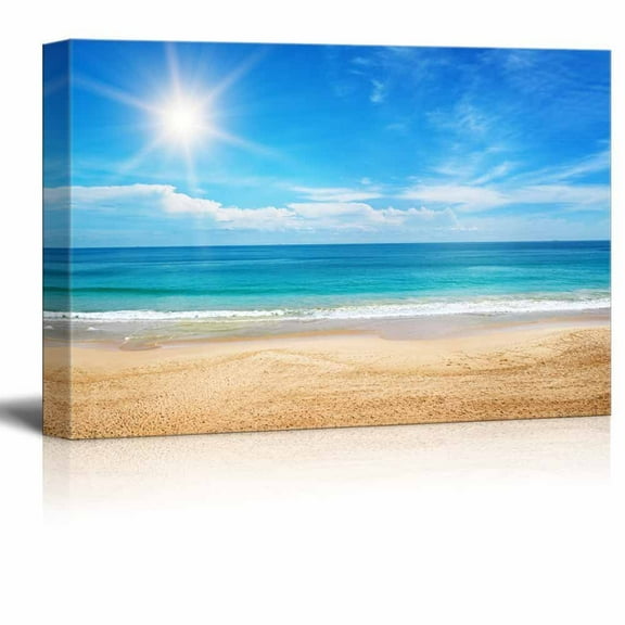 Canvas Prints Wall Art - Seascape and Beach Under Blue Sunny Sky | Modern Home Deoration/Wall Decor Giclee Printing Wrapped Canvas Art Ready to Hang - 32" x 48"