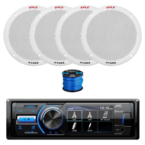 JVC KD-X560BT Single DIN Marine Bluetooth AM/FM Radio Receiver, 4X 6.5" 400 Watt 2-Way Dual Cone Full Range Audio Speakers (White) w/ Wire