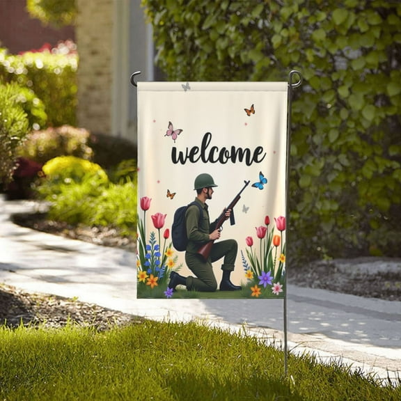 Welcome Home Soldier Garden Flag 12x18 Inch DoubleSided Floral Patriotic Yard Flag Spring Summer Outdoor Decorations Military Theme House Banner Birthday Gifts for Men Women