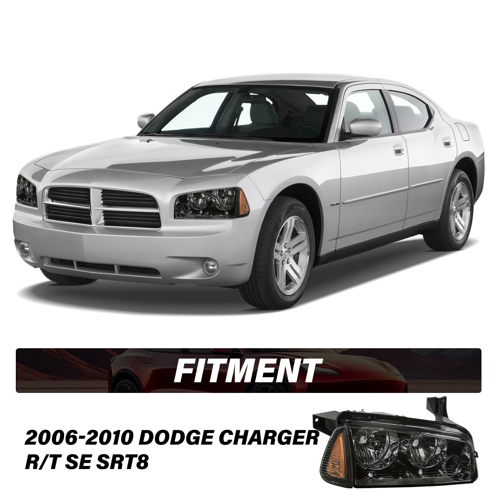 Pair Smoke Amber Headlamp For 2006-2010 Dodge Charger Halogen Headlight Assembly