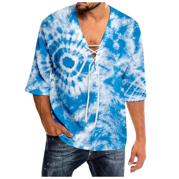 Krdevn Men's Spring and Summer Casual Tie Dye Print T Shirt Lacing V Neck 3/4 Sleeve Tops,3XL