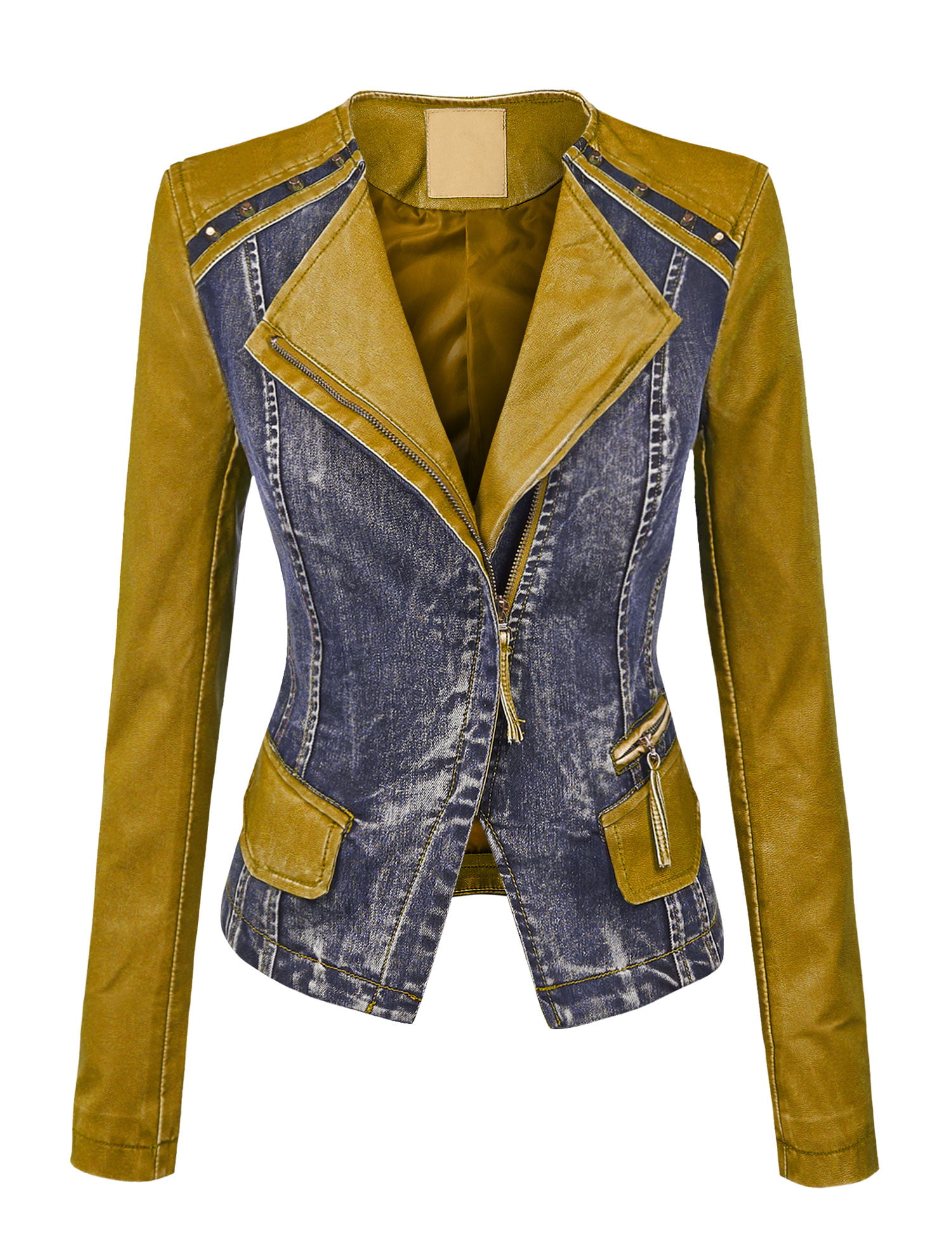 Made By Johnny MBJ Womens Faux Leather Biker Denim Jacket