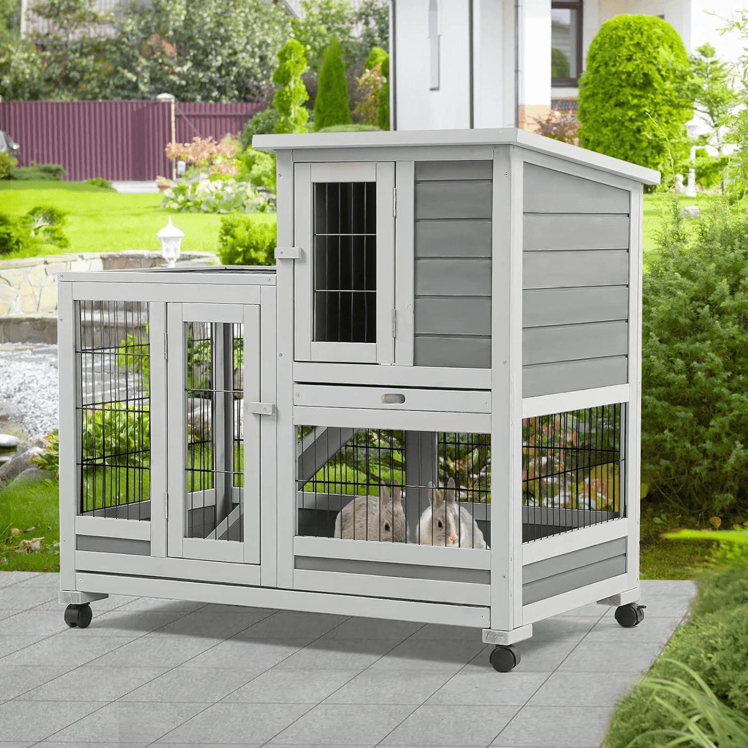 YODOLLA 37 inches Guinea Pig Cage Rabbit Hutch for Small Animals Bunny House with Removable Trays Grey