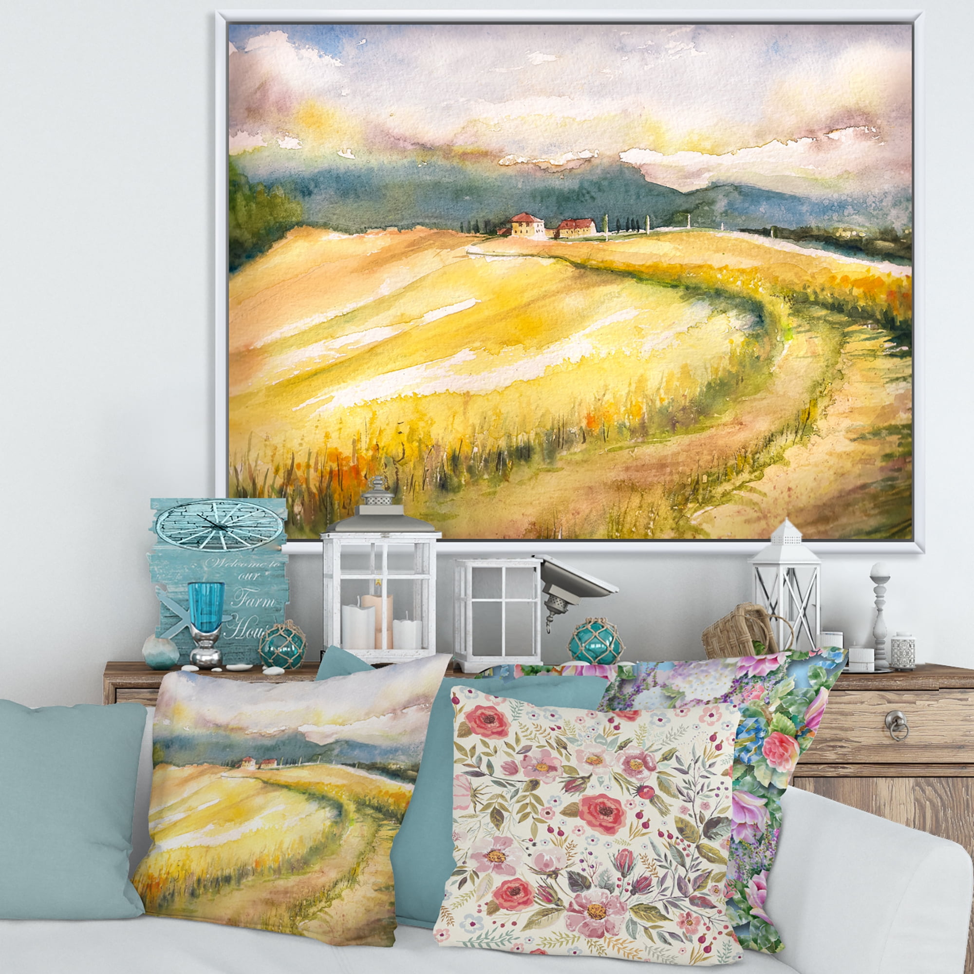 Designart 'Golden Grass Fields of Tuscany Italy' Country Framed Canvas Wall Art Print