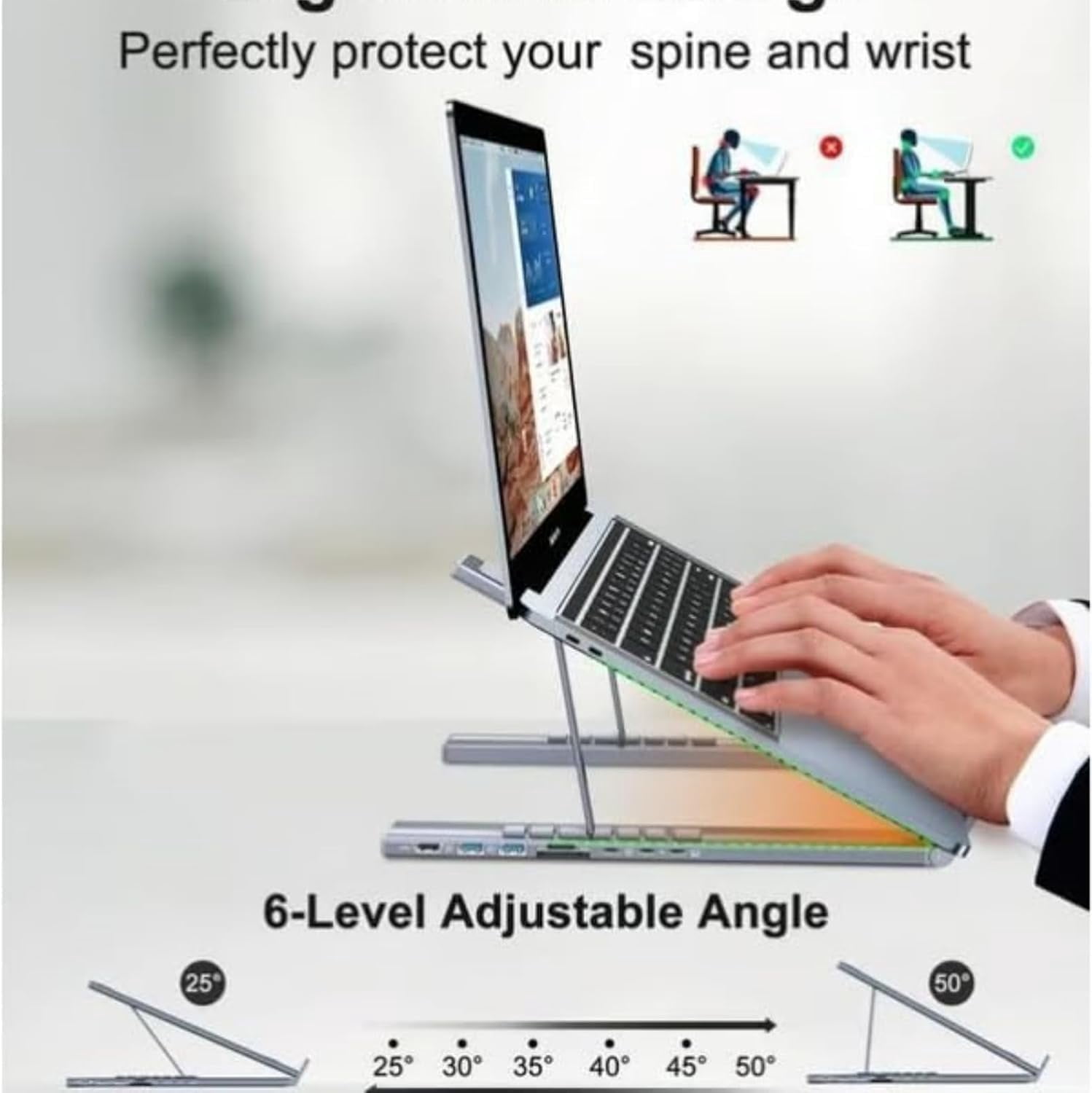 GGMCN 8-in-1 USB-C Laptop Stand, Totaladdly Portable Adjustable Flat Laptop Docking Station Stand with 4k HDMI, 2 USB 3.0, Pd 100w, Universal for Offices, Corporate Desks, Cafes (1Pcs)
