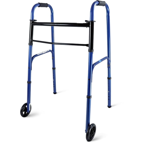 Medline Aluminum Folding Walker, Lightweight Mobility Aid with Front Wheels, 400 lb Weight Capacity, Easy Push Button Folding Walker for Seniors, Blue, 1 Count