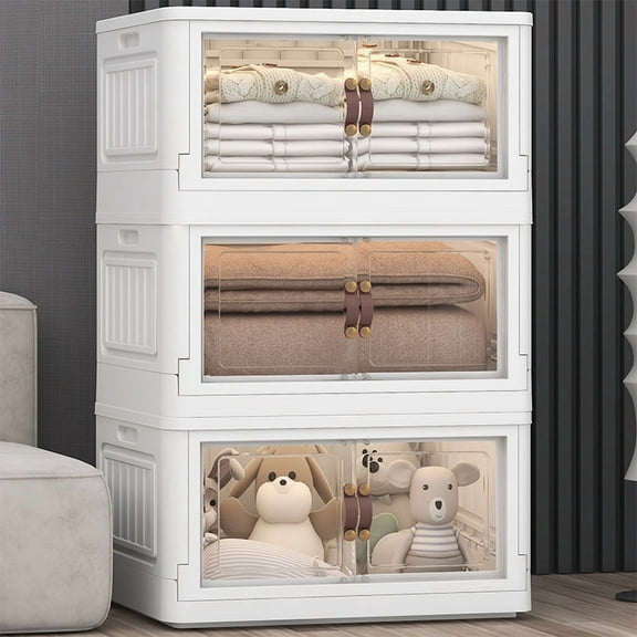 KHNR 3 Storage Bins with 3 Lids, 78 Qt White Closet Organizers and Storage, 3 Packs Stackable Storage Bin with Wheels,Double Door Collapsible Storage Bins for Home and Office,Clear White