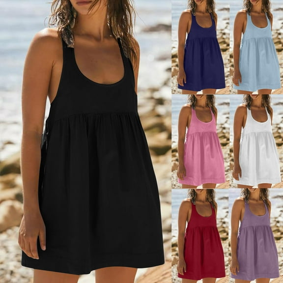 Meichang Sundresses for Women Summer Sleeveless Scoop Neck Mini Short Babydoll Dress A-Line Loose Fit Flowy Beach Sun Dress with Pockets