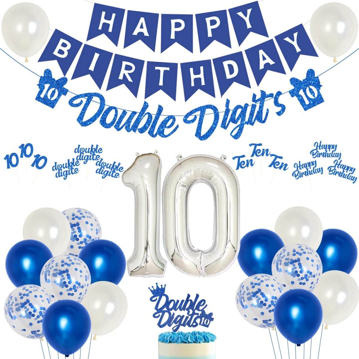 Blue 10th Birthday Decorations for Boy Girl Double Digits Banner Cake