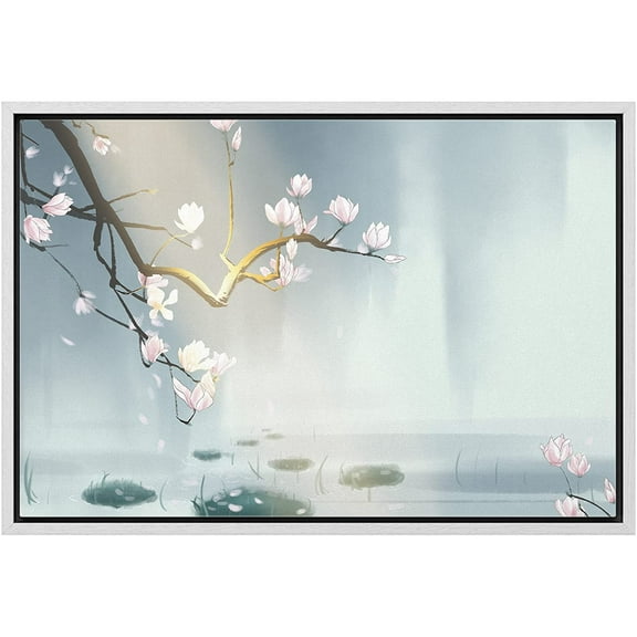wall26 Framed Canvas Print Wall Art Chinese Watercolor Pink Magnolia Blossom Pond Nature Wilderness Illustrations Modern Rustic Scenic Colorful for Living Room, Bedroom, Office - 16"x24" Wh