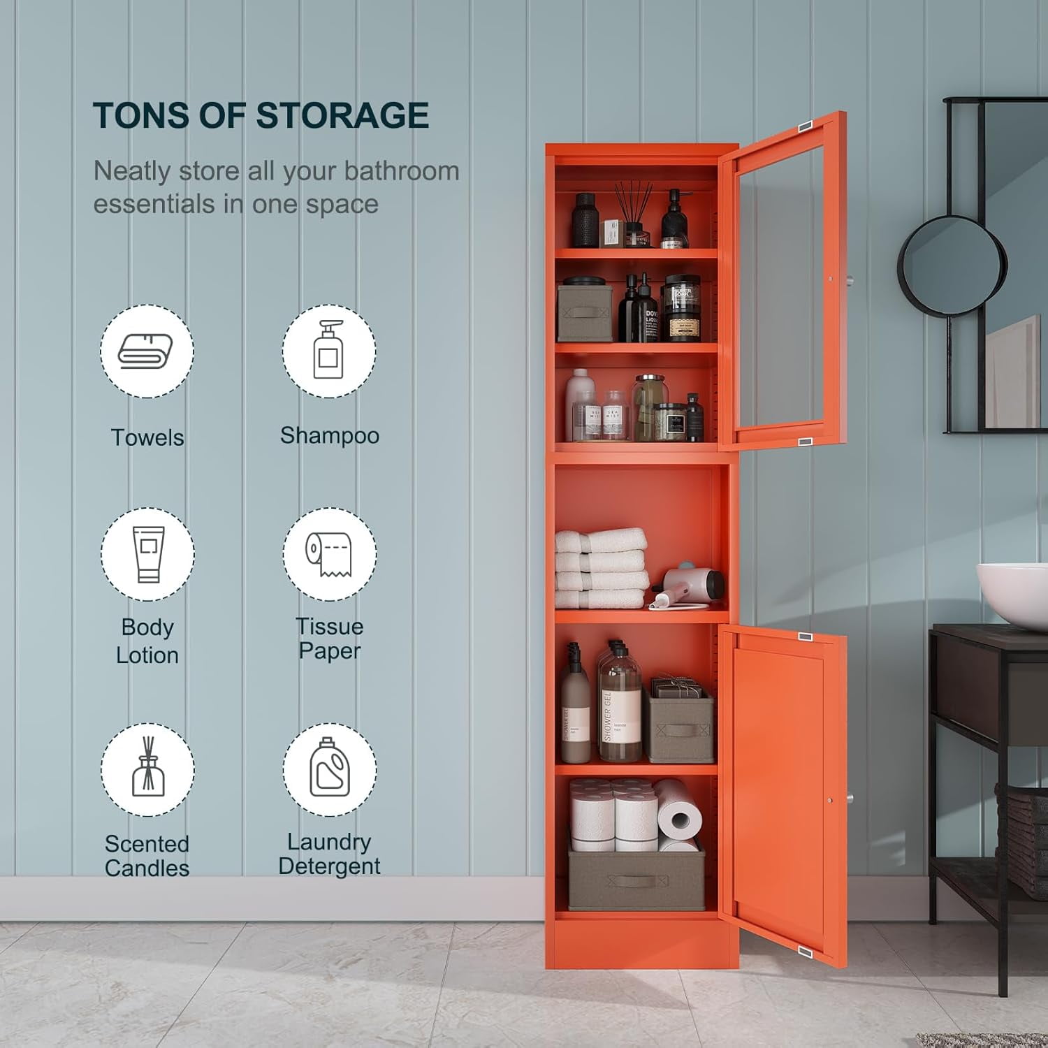Tall Bathroom Storage Cabinet,Slim Metal Locker with Glass Doors,Freestanding Display Cabinet for Storage, Tall Narrow Cabinets for Pantry, Living Room,Entryway