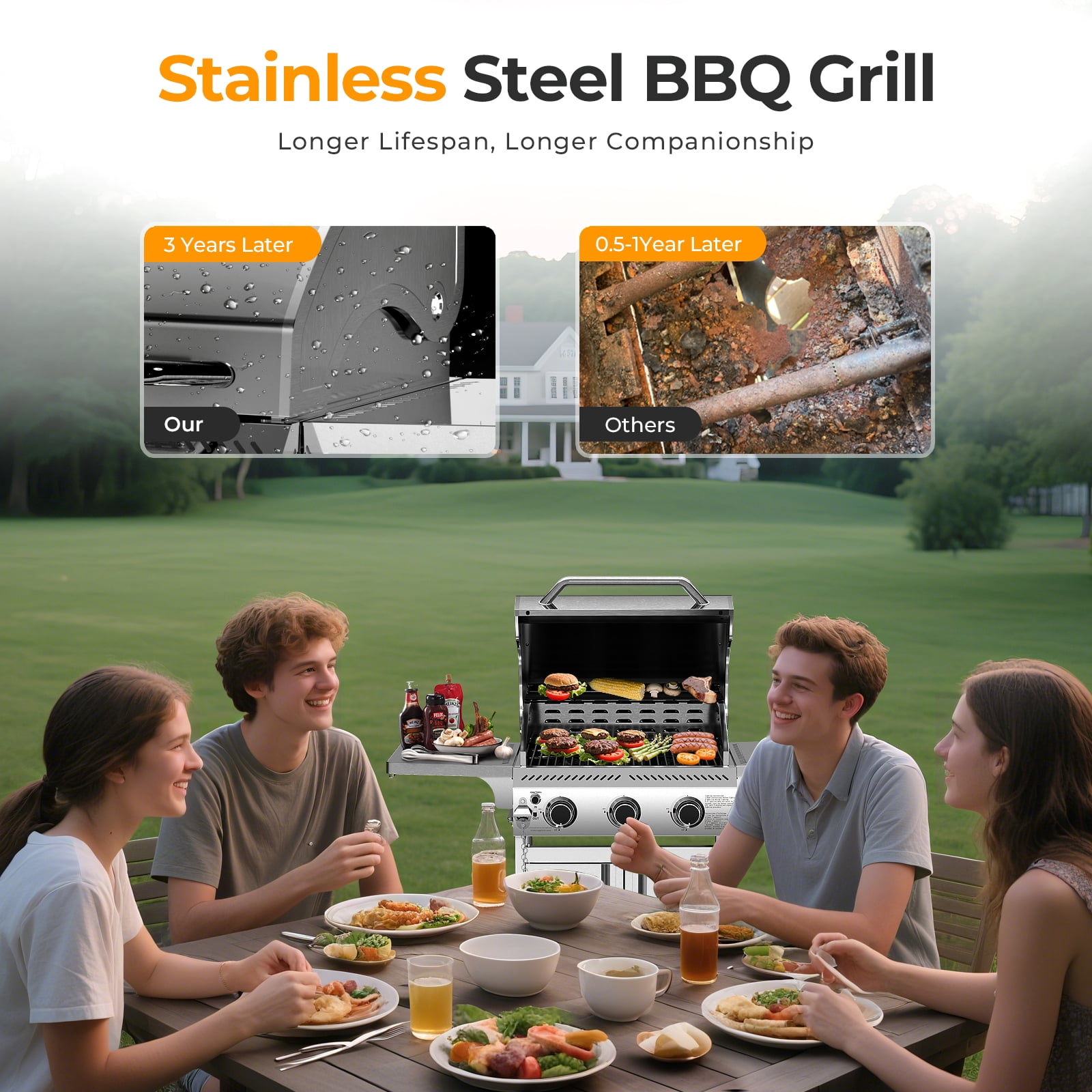 WAA 3-Burner Propane Gas Grill,24000BTU Stainless Steel BBQ with Foldable Side Tables & Durable Grates - Ideal for Outdoor Backyard/Patio Cooking