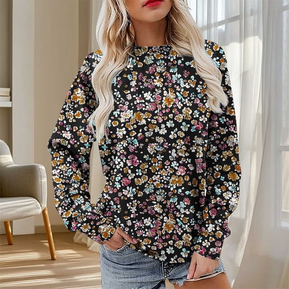 Womens Sweatshirts Plus Size Floral Print Long Sleeve Round Neck Casual Loose Sweatshirt,Tops for Women