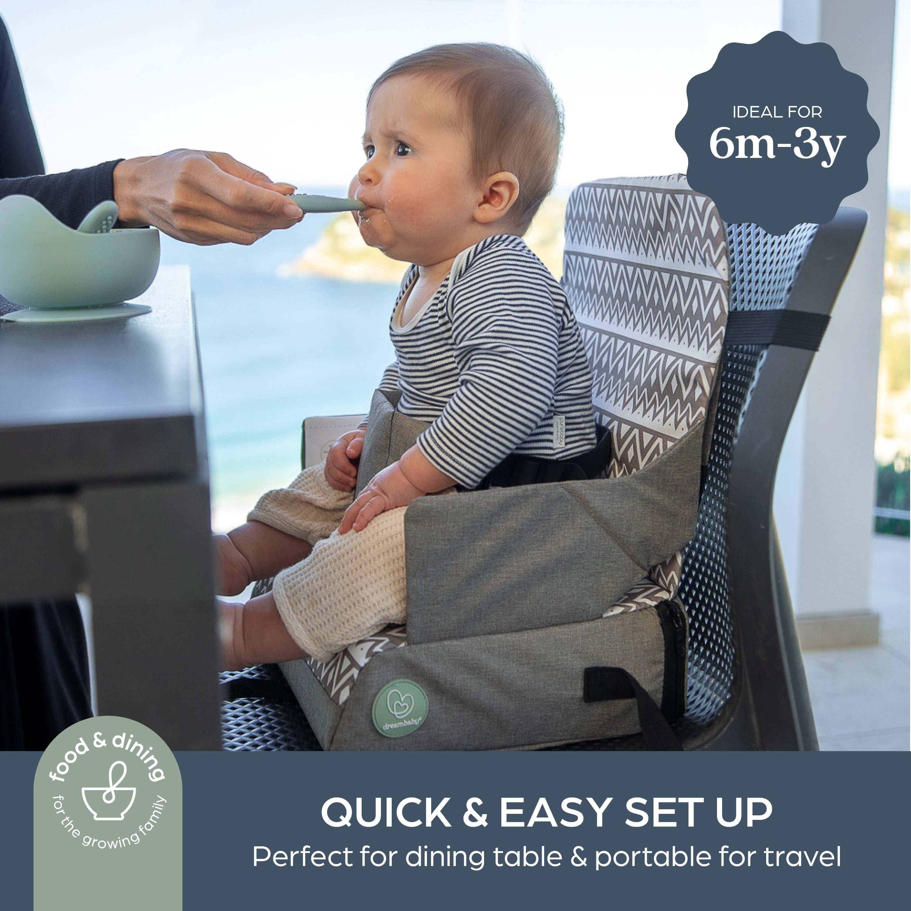 Dreambaby Grab ‘N Go Travel Booster Seat – Portable Toddler High Chair for Dining (6M-3Y) with Storage & Shoulder Strap