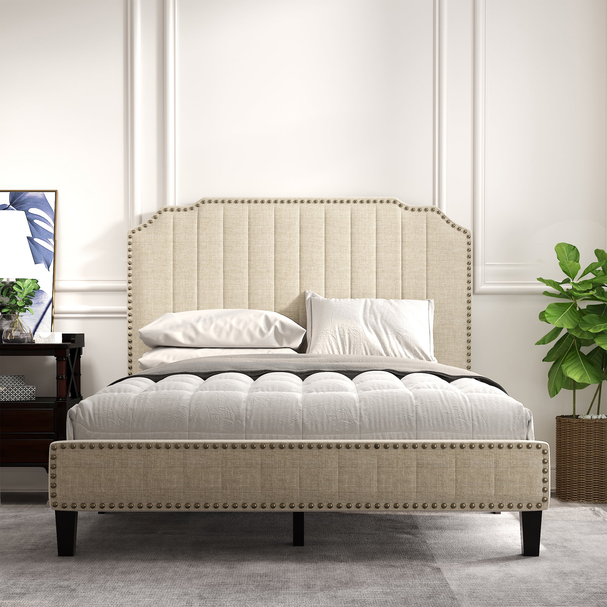 Full Platform Bed Frame, Modern Linen Curved Upholstered Platform Bed ...