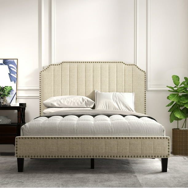 Upholstered Platform Bed Frame, Cream Wooden Bed Frame