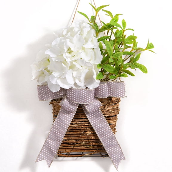 XEAZON Hydrangea Door Hanger Basket Wreath, Cream Hydrangea Wreath, Farmhouse Wreath with Wildflowers,Christmas Wreath for Front Door with Rattan Basket and Burlap Bow for Wall Porch Xmas Decor