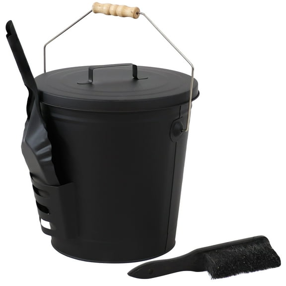 Sunnydaze 3-Piece Traditional Black Powder-Coated Steel Ash Bucket with Scoop and Brush