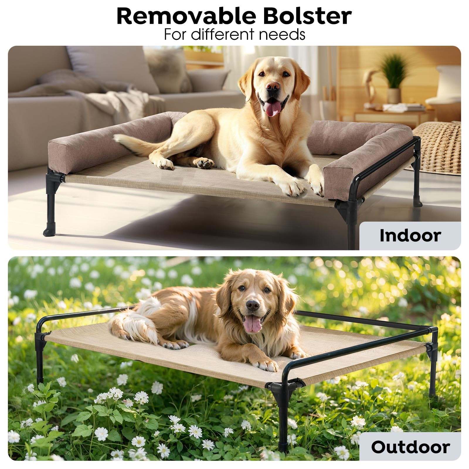 Elevated Raised Dog Bed-cooling Outdoor Bed For Large Sized Dogs Three-sided Fence Pet With Mesh & No-slip Feet Hammock Removable Bolster-41 X 27" Beige Coffee