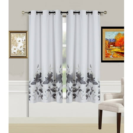 Floral Patterned - 2-Piece FLOWER SILVER Printed Lined Blackout Grommet Window Curtain Treatment, Set of Two (2) Floral Pattern Room Darkening Panels 37