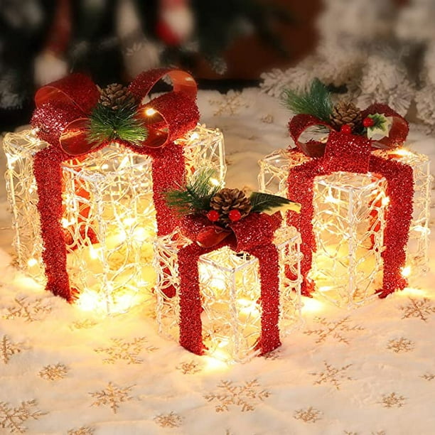 Set of 3 Lighted Gift Boxes Decorations, Light Up Gift Boxes with 48 LED Lights, Clear Acrylic Boxes Red -