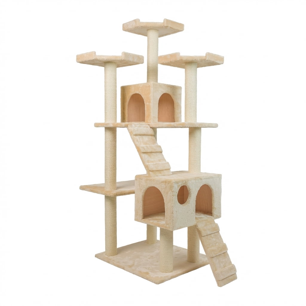 Multi-Level Cat Tree Tower with Sisal Scratching Posts, 2 Condos, Plush Fabric, Beige, 74 Inches Tall