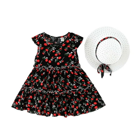 

YWDJ 2-6 Years Toddler Kids Girls Summer Vest Small Floral Sweet Cake Skirt + Hat Black 120