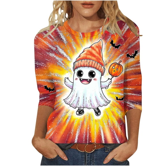 Uootdi Halloween Shirts for Women 3/4 Sleeve Crew Neck Gradient Glowing Ghost Pumpkin Bat Front Print Womens Pullover Tees Oversized Fit Halloween Costume Night Soft Cozy Womens Graphic Tops Gift