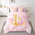 thumbnail image 2 of Homewish Pink Gold Monogrammed E Bedding Comforter Set 7-Piece, Marbling Artwork Abstract King Bedding Sets, Rose Flower Print Reversible Bed Sheets, Microfiber Bedroom Decor, 2 of 7