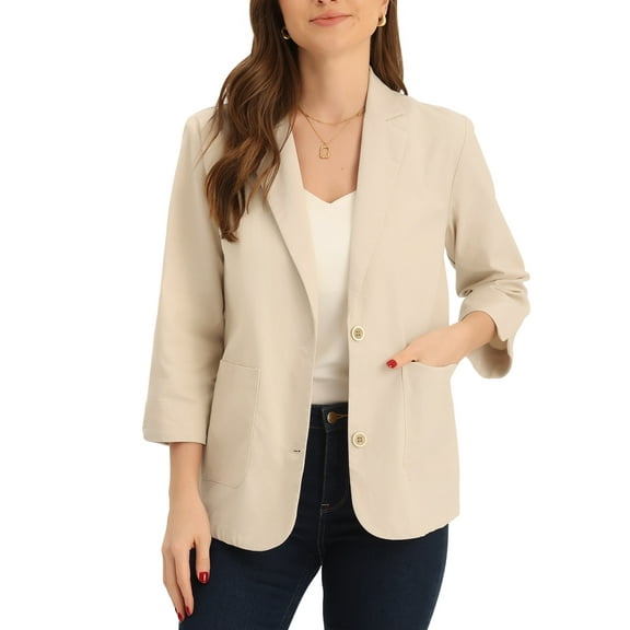 INSPIRE CHIC Linen Blazer for Women's Notched Lapel Collar 3/4 Sleeve Causal Suit Jacket XS Beige
