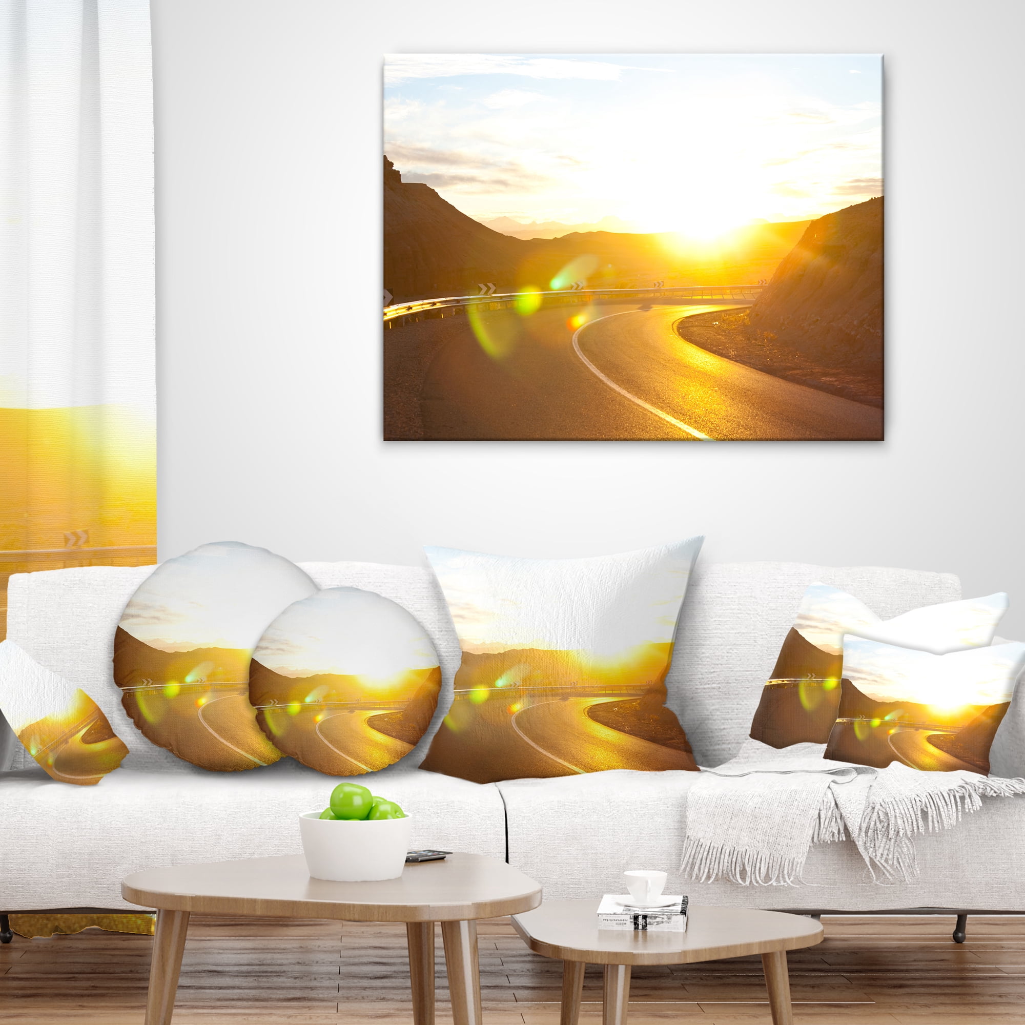 Designart Yellow Road under Sunset - Landscape Printed Throw Pillow - 18x18