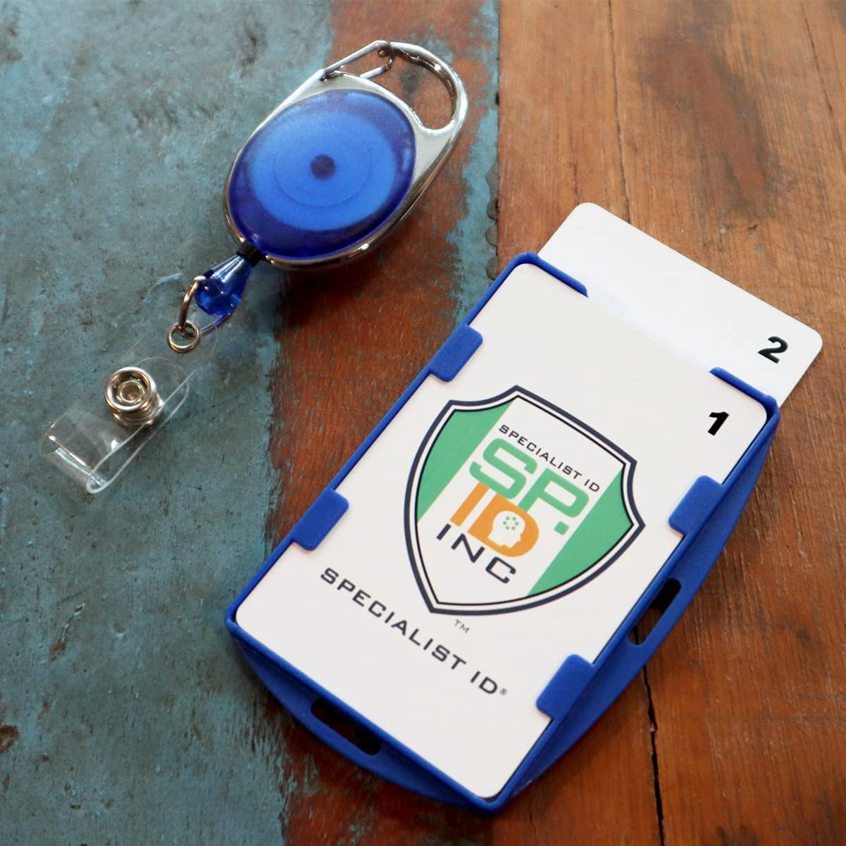 5 Pack - RFID Blocking Badge Holder with Retractable Carabiner Clip Badge Reel - Dual Sided - SkimSAFE Skimming Protection - 2 Card Shield for 13.56MHz Radio Signal by Specialist ID (Royal Blue)