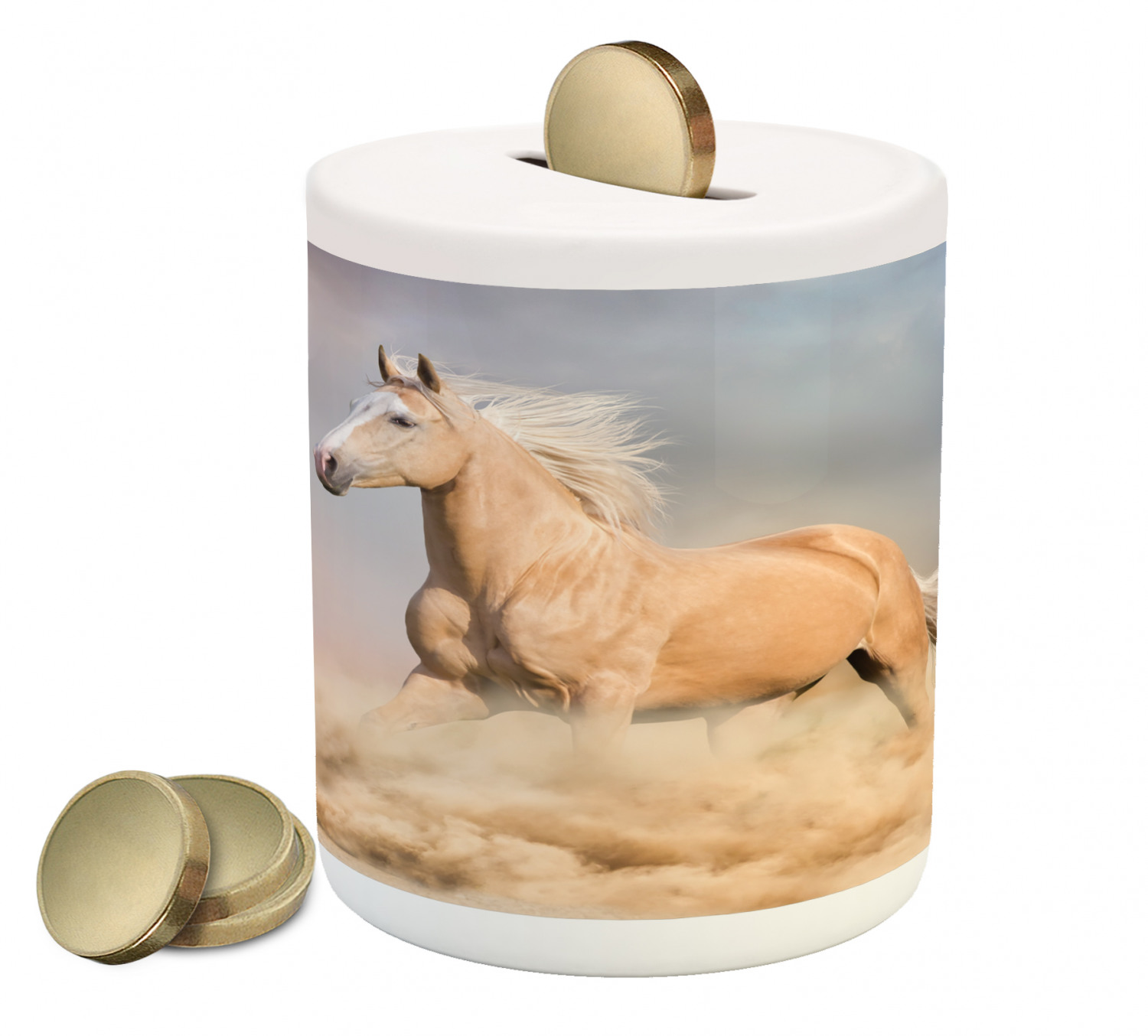 Horses Piggy Bank, Palomino Horse in Sand Desert Blonde Male Hair Power