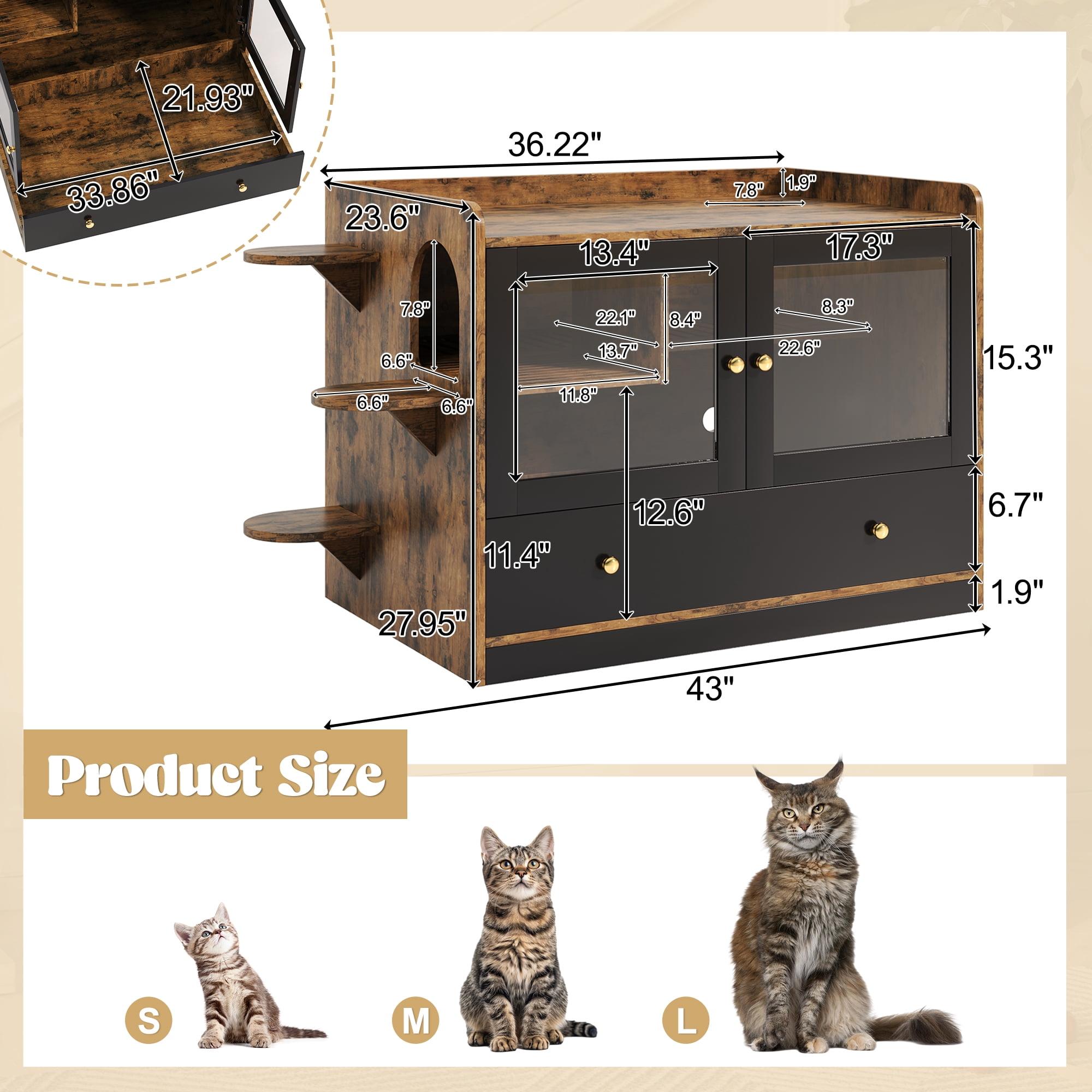 WRXELAN 43-Inch Cat Litter Box Furniture with LED, Hidden Litter Box Furniture with Storage & Side Table, Enclosed Wooden Cat House, Cat Condo, Easy Assembly (Black)