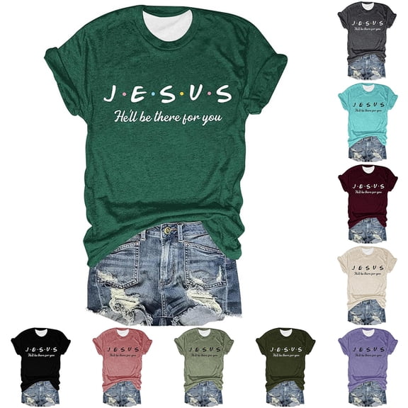 Trendfront Womens Jesus Letter Print Tee Slogan Stylish Graphic T Shirts Casual Crewneck Short Sleeve Tops Summer Fashion Daily Clothing