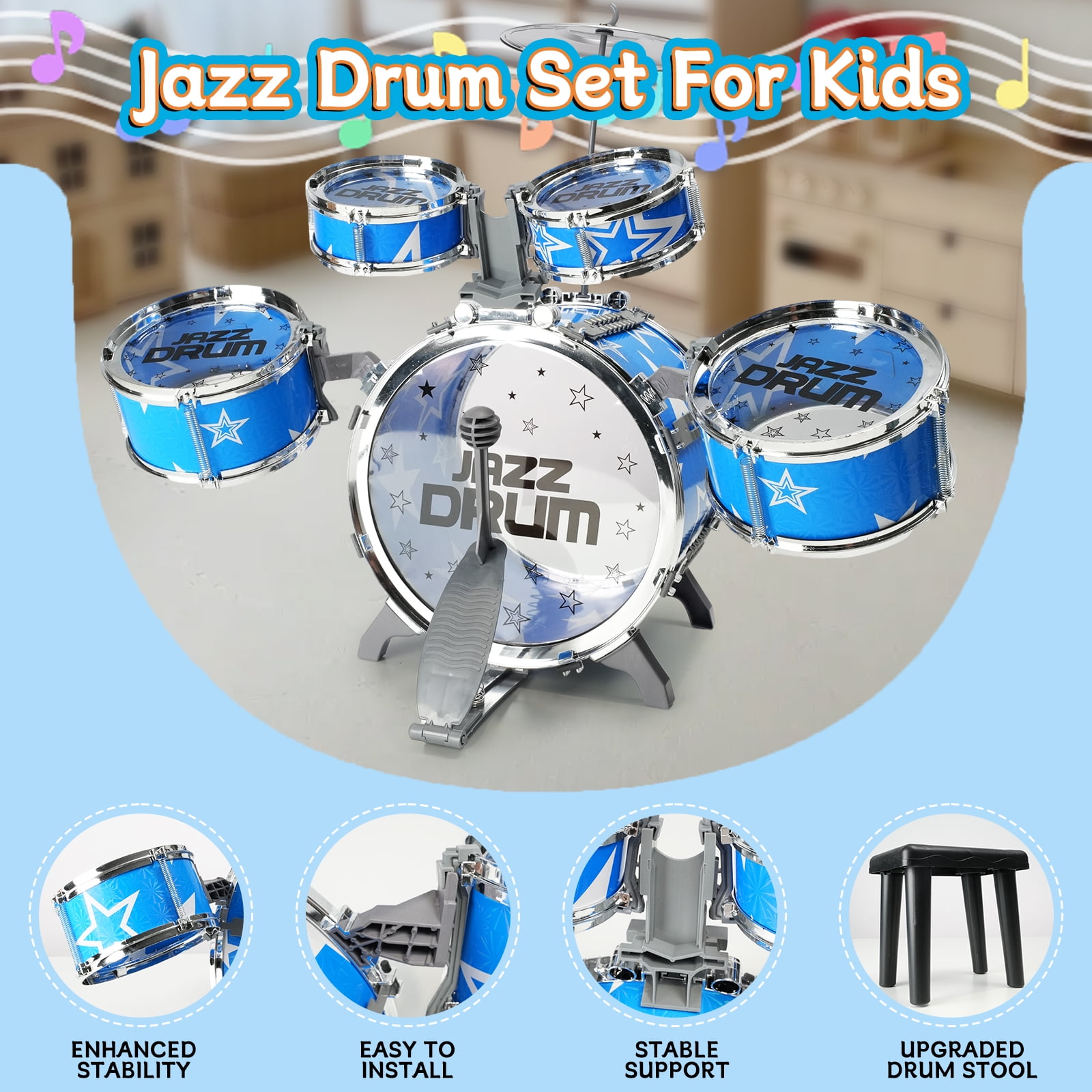 JBeeCtrl Kids Drum Set for Toddlers 1-3 Drum Set for Kids with Chair Musical Jazz Drum Toys for Boys Girls Aged 2 3 4 5 6 7 Drum Kit Instrument Christmas Birthday Gift