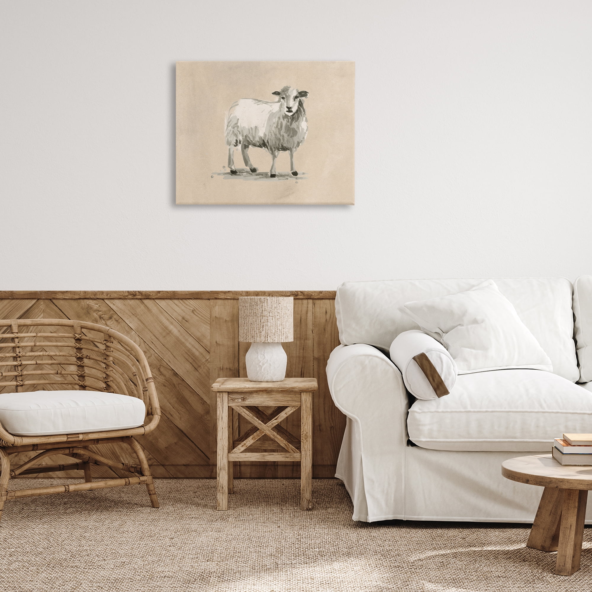 Stupell Industries Gazing Sheep on Beige Animals & Insects Painting Gallery Wrapped Canvas Art Print Wall Art, 30 x 24
