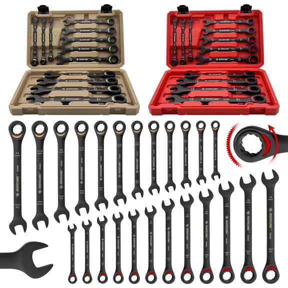 IRONCUBE 24-Piece Ratcheting Wrench Set: Metric & SAE - 8mm to 19mm & 1/4" to 3/4" - 72 tooth - Chrome Vanadium Steel - Tough Balck - with Organizer
