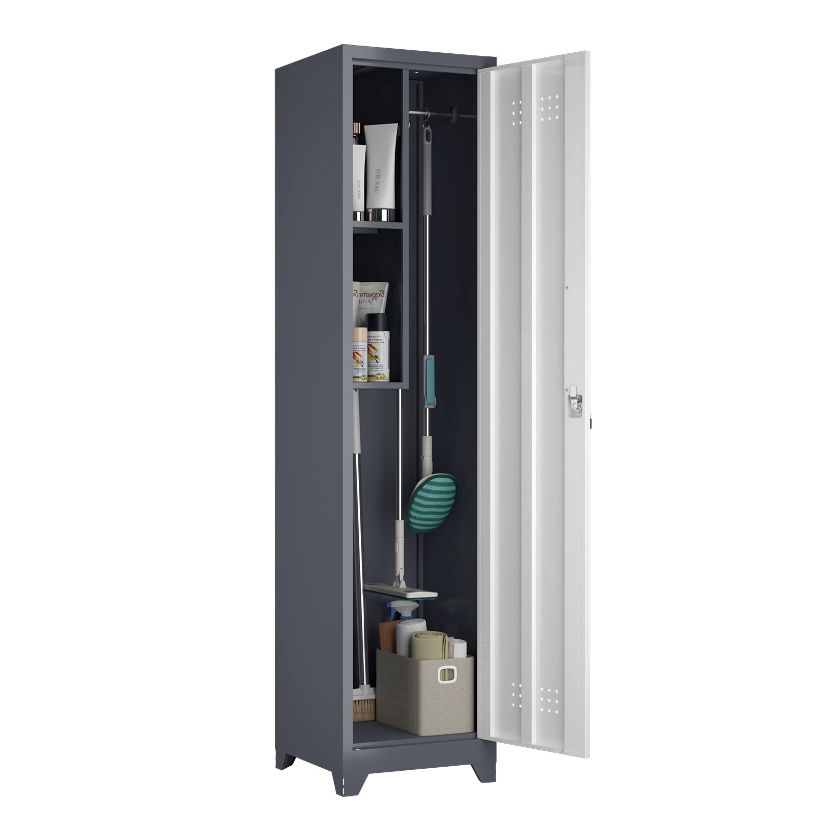Slim Broom Storage Cabinet with Locking Door,65" Narrow Metal Cabinet with Shelves,Heavy-Duty Bathroom Storage Cabinet for Kitchen,Pantry,Office,Shop,Garage,1pcs,White+Grey