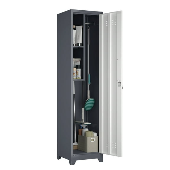 White 65 in. H Metal Broom Closet Storage Cabinets, Narrow Cabinet with Hooks and Shelves Tall Laundry Room Cabinet