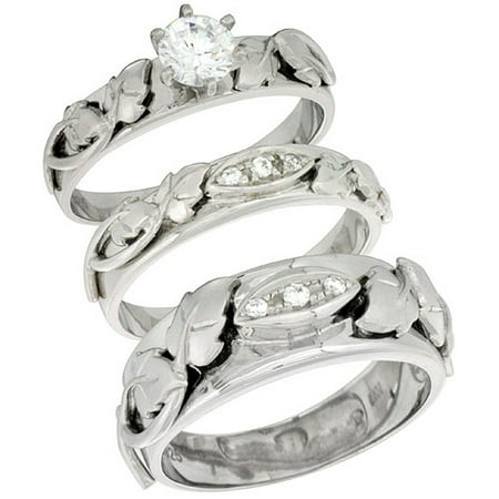 Sterling Silver Cubic Zirconia Trio Engagement Wedding 