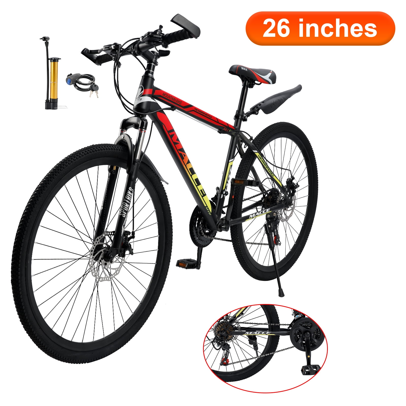 26" Spoke Wheel 24 Speed Mountain Bicycle Adult Bike MTB w/ fender Red & Yellow