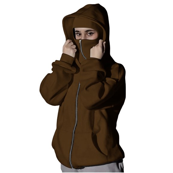 Women's Mask Hoodie Solid Cuffed Long Sleeve Full Zip Face Cover Coat with Pockets Coffee 2XL