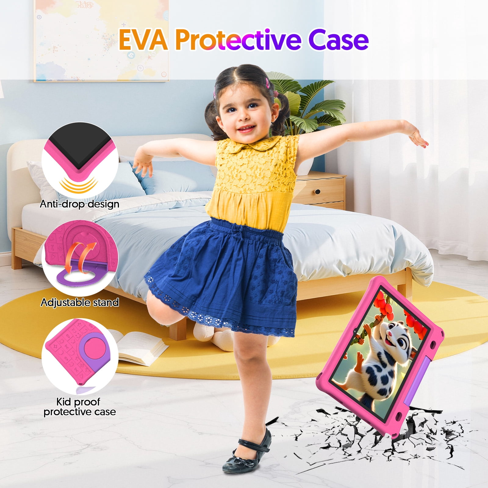 10inch Kids Tablet Android 15,1280x800 HD Ips Display Tablet with Eva Case,12GB (3g+9g) RAM+64GB Rom,Quad-Core, Wi-Fi6,6000mAh,Parental Control App Google Certified - Pink
