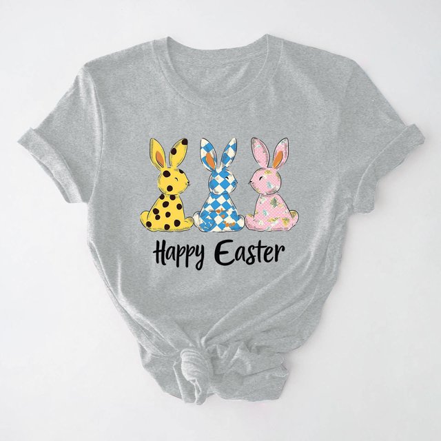 UPPADA Easter Femmes Oeufs Imprimé T-Shirts Joyeux Easter Graphique Bunny Lapin Mignon T-Shirts Manches Courtes Décontracté Col Rond T-Shirts Été Basique Coupe Régulière Chandails Gris,TTTG