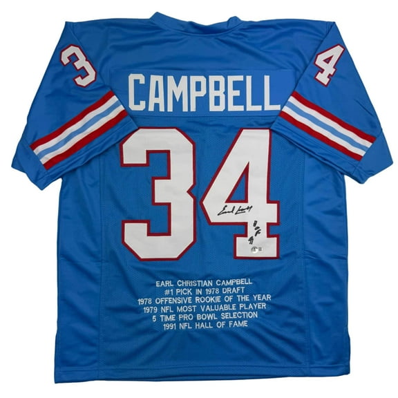 Autographed/Signed Earl Campbell HOF 91 Houston Blue Stat Football Jersey JSA COA