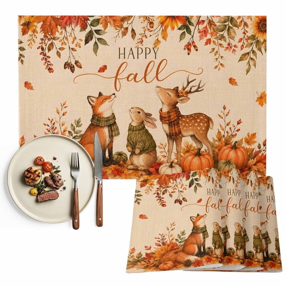 Thanksgiving Placemats Set of 6, Fall Deer Fox Rabbit Pumpkin Maple Leaves Washable Wipeable Table Mats for Dining Tables, Indoor Outdoor Kitchen Place Mats for Holiday Party Table Decor