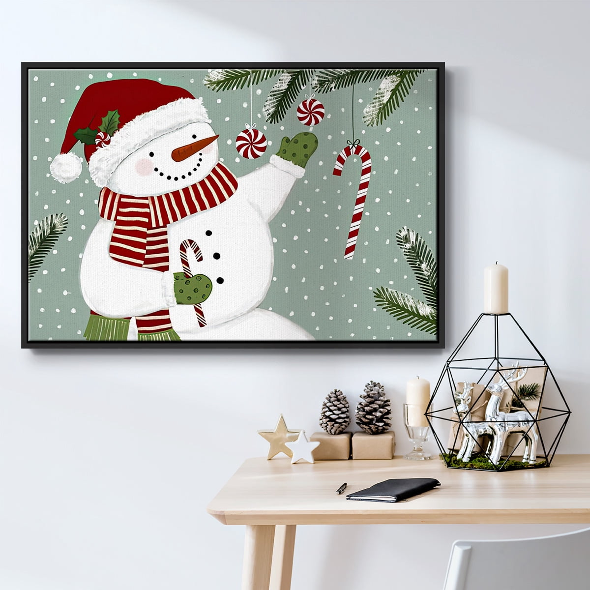 Peppermint Snowman Collection A - Framed Gallery Wrapped Holiday Canvas - 27 x 41 - Black Frame