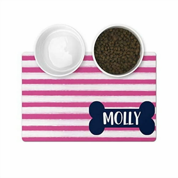 The Navy Knot Personalized Pet Mat - Waterproof & Non-Slip Pet Food Mat with Edges - Cats & Dogs Feeding Mats - Petfood, Water, Dish Bowls Pad - Gifts for Dog & Cat (10x16, Hot Pink Stripe Dog Bone)